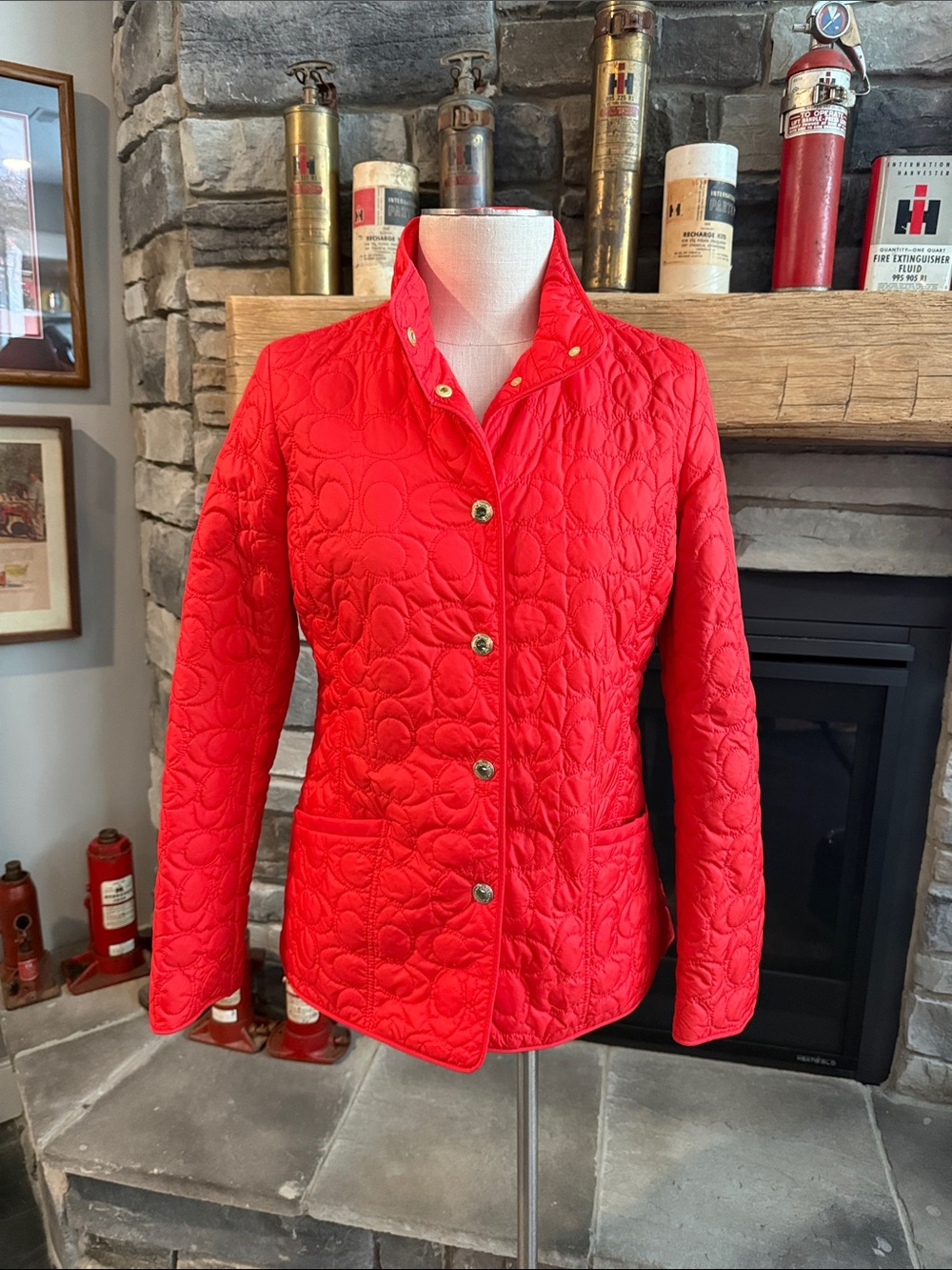 NWT COACH Size S/P Quilted Signature C Red Snap Front Barn Jacket w/Pockets 🎄
